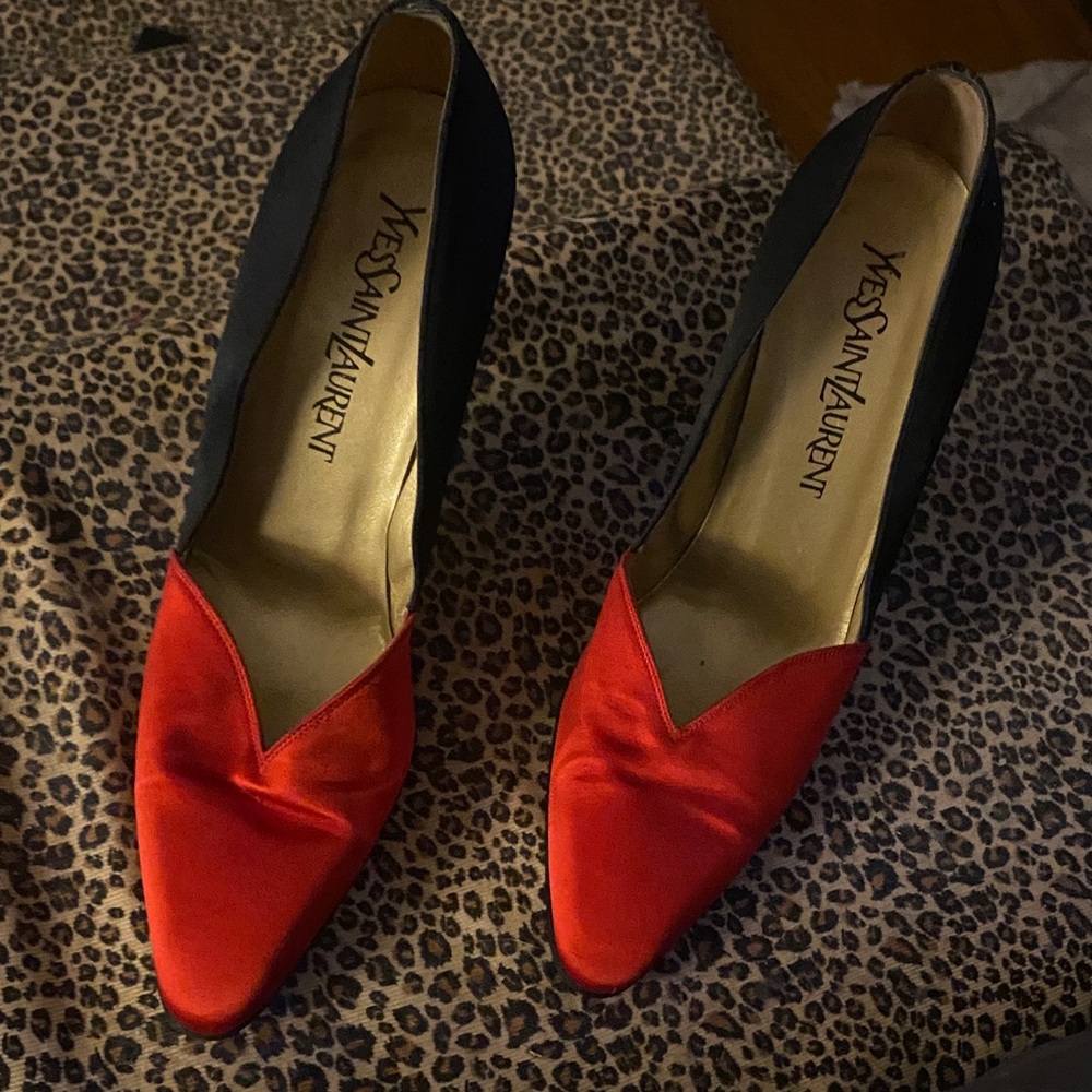 Yves Saint Laurent Red and Black Satin Heels